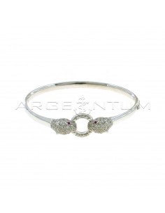 Flat band bangle with white zircon panther heads with red zircon eyes and white half zirconia round shape with white gold plated side snap closure in 925 silver