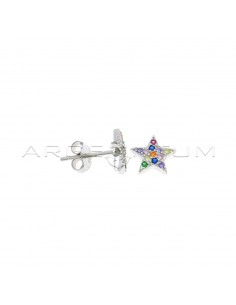 Star lobe earrings in white gold-plated multicolor zircons pave in 925 silver