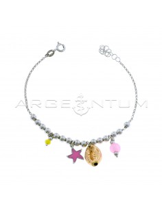 Diamond-coated rolò mesh bracelet with spheres with yellow swarovski pendants and sphere, pink enamel plate starfish, pink gold-plated engraved and micro-cast shell, and pink agate sphere with white gold-plated spheres in 925 silver