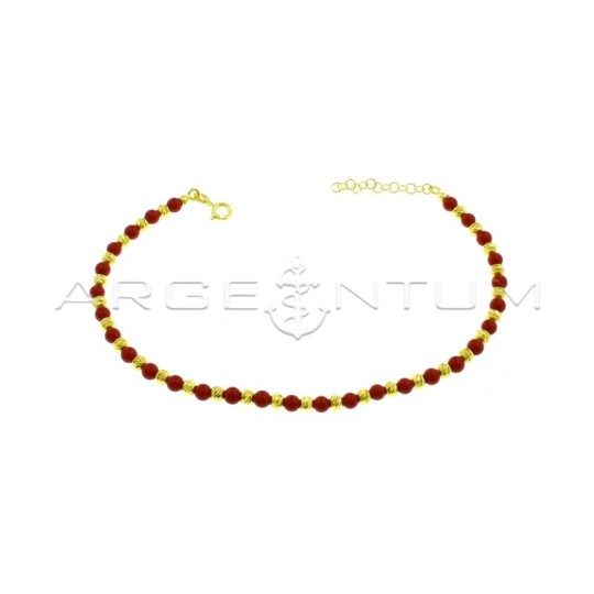 Anklet with diamond spheres and yellow gold plated coral paste spheres in 925 silver