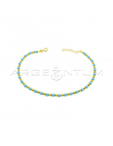 Anklet with diamond spheres and spheres in turquoise paste, yellow gold plated in 925 silver