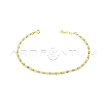 Anklet with diamond spheres and white agate spheres plated with yellow gold in 925 silver