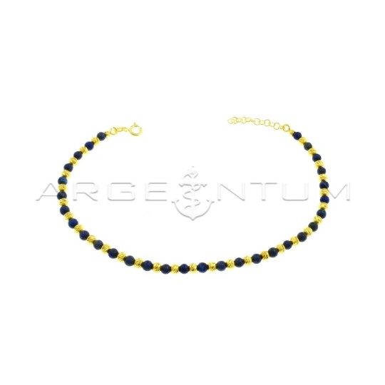 Anklet with diamond spheres and yellow gold plated lapis lazuli spheres in 925 silver
