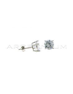 Point of light earrings with white zircon with 4 claws of 8 mm on a white gold plated base in 925 silver