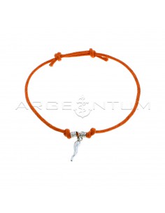Orange cord bracelet with slip knots, hammered nuggets and white gold plated horn pendant in 925 silver
