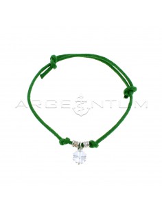 Green cord bracelet with slip knots, hammered white gold-plated nuggets and four-leaf clover pendant paired in 925 silver