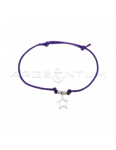 Purple cord bracelet with slip knots, white gold-plated hammered nuggets and paired pierced star pendant in 925 silver