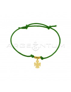 Green cord bracelet with slip knots, hammered nuggets and angel pendant yellow gold plated 925 silver