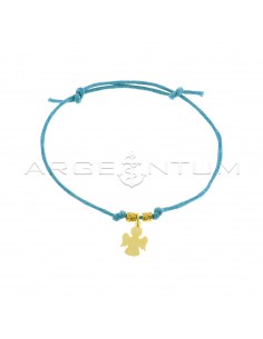 Blue cord bracelet with slip knots, hammered nuggets and angel pendant in yellow gold plated 925 silver
