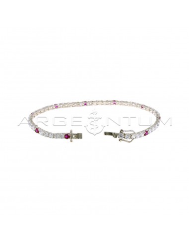 White gold plated tennis bracelet with 5 white and 1 red zircons of 3 mm in 925 silver
