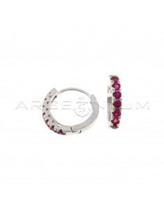Hoop earrings with red zircons with white gold plated snap closure in 925 silver