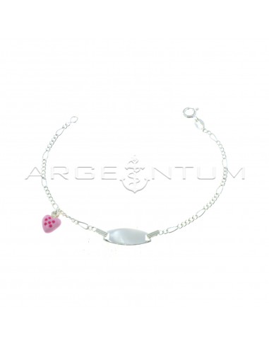 Bracciale maglia 5 1 con targa centrale ovale e cuore accoppiato pendente smaltato rosa in argento 925