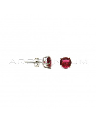 Point of light earrings with 7 mm red zircon with 4 claws, white gold plated in 925 silver