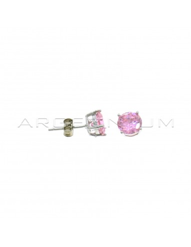 Point of light earrings with 4-prong pink zircon 7 mm white gold plated in 925 silver