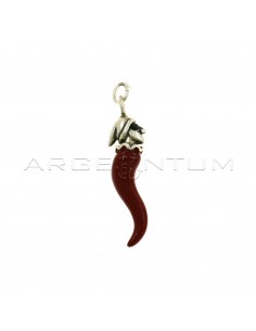 Horn pendant with red enameled pulcinella in burnished 925 silver