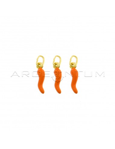 Ciondoli corni 4x13 mm smaltati arancione placcati oro giallo in argento 925 (3 pz.)