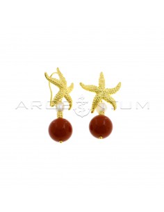 Pendant earrings with hook attachment, microfused starfish, baroque pearl, hammered nugget and sphere in coral paste, yellow gold plated in 925 silver