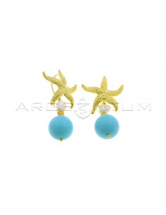 Pendant earrings with micro-cast starfish hook attachment, baroque pearl, hammered nugget and sphere in turquoise paste, yellow gold plated in 925 silver