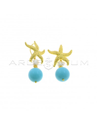 Pendant earrings with micro-cast starfish hook attachment, baroque pearl, hammered nugget and sphere in turquoise paste, yellow gold plated in 925 silver