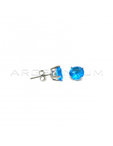 Point of light earrings with blue zircon with 4 claws of 7 mm white gold plated in 925 silver