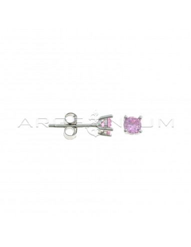 Point of light earrings with 4-prong pink zircon 4 mm white gold plated in 925 silver