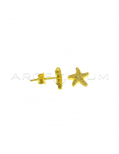 Starfish lobe earrings with white zircons pave yellow gold plated in 925 silver