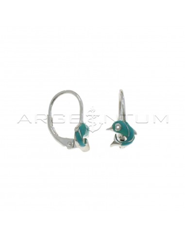 Hook earrings with blue enameled dolphin with white zircon eye white gold plated in 925 silver