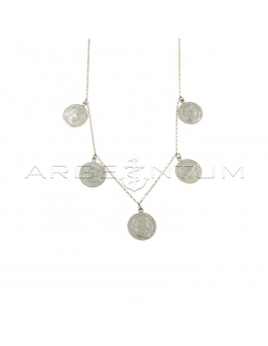 Collana maglia rolò diamantata con 5 monete accoppiate pendenti placcata oro bianco in argento 925