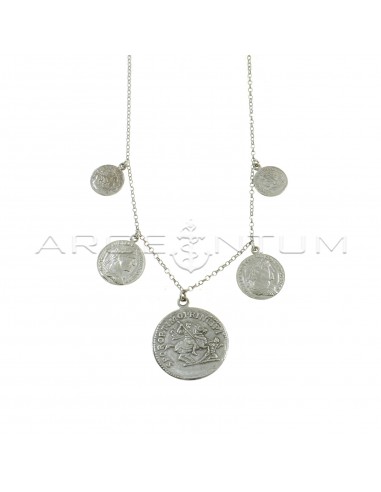 Collana maglia rolò diamantata con 5 monete degradè accoppiate pendenti placcata oro bianco in argento 925