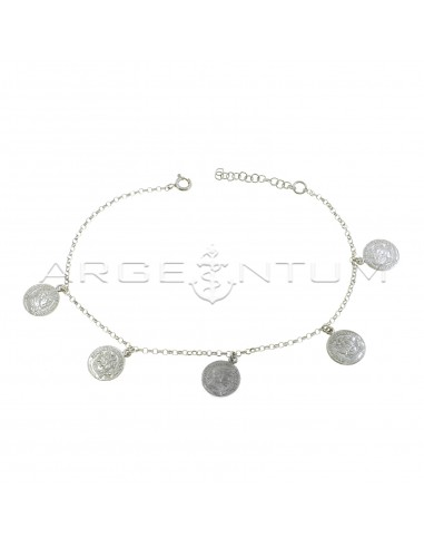 Rolo chain anklet with 5 paired coins pendants white gold plated in 925 silver