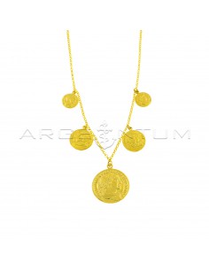 Diamond-coated rolò necklace with 5 degradé coins coupled with yellow gold plated pendants in 925 silver