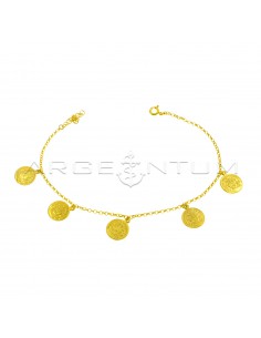 Rolo chain anklet with 5 paired coins pendants yellow gold plated in 925 silver