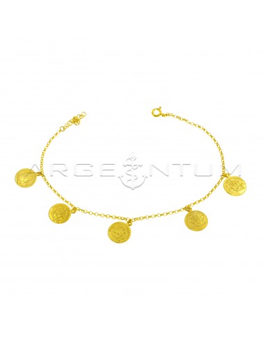 Rolo chain anklet with 5 paired coins pendants yellow gold plated in 925 silver
