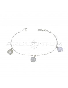 Rolo chain anklet with 3 paired coins pendants white gold plated in 925 silver