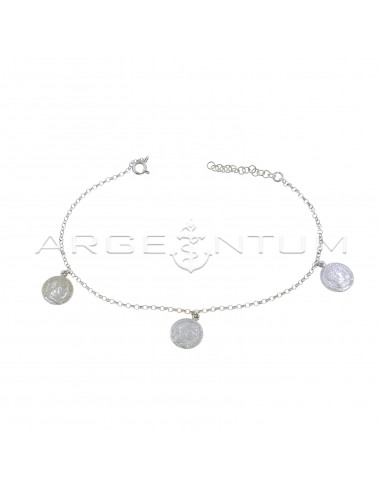 Rolo chain anklet with 3 paired coins pendants white gold plated in 925 silver