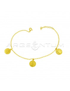 Rolo chain anklet with 3 paired coins pendants yellow gold plated in 925 silver