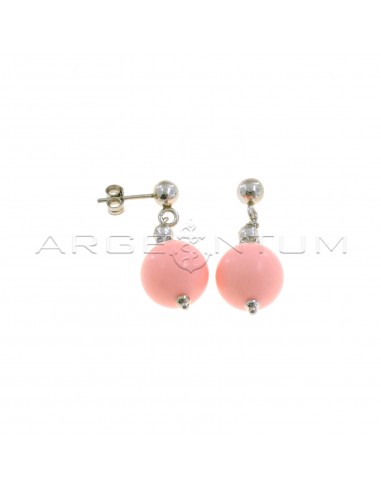 Pendant earrings with ball attachment, sphere in pink coral paste, nugget and hammered sphere and washer plated white gold in 925 silver