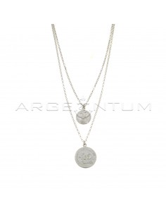 Collana a 2 fili maglia rolò diamantata con monete accoppiate pendenti centrali placcata oro bianco in argento 925