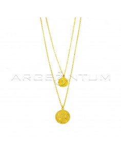 Collana a 2 fili maglia rolò diamantata con monete accoppiate pendenti centrali placcata oro giallo in argento 925