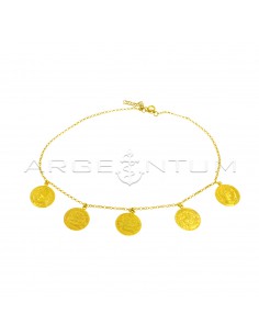 Diamond-coated rolo chain necklace with 5 coupled coins yellow gold plated pendants in 925 silver