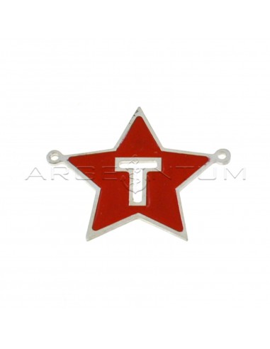 Tramezzo stella a lastra smaltato rosso con lettera T traforata placcato oro bianco in argento 925