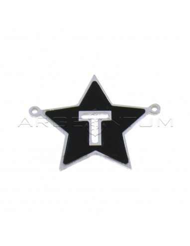 Tramezzo stella a lastra smaltato nero con lettera T traforata placcato oro bianco in argento 925