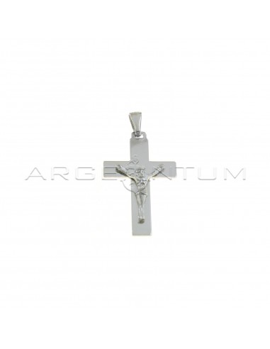 Plate cross pendant with cast Christ in white gold plated 925 silver