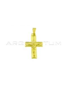 Ciondolo croce satinata con bordo inciso e cristo microfuso placcato oro giallo in argento 925