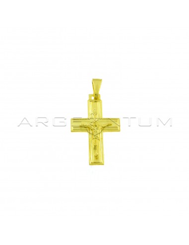Ciondolo croce satinata con bordo inciso e cristo microfuso placcato oro giallo in argento 925