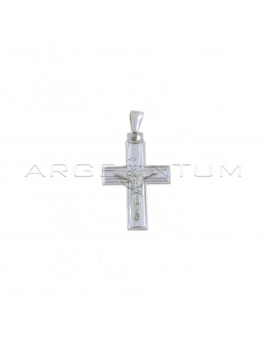 Ciondolo croce satinata con bordo inciso e cristo microfuso placcato oro bianco in argento 925