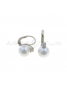 Pearl earrings ø 10 mm with hook and white light point, white gold plated in 925 silver