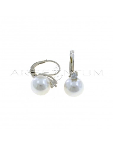 Pearl earrings ø 10 mm with hook and white light point, white gold plated in 925 silver