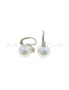 Pearl earrings ø 12 mm with hook and white light point, white gold plated in 925 silver