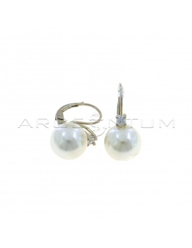 Pearl earrings ø 12 mm with hook and white light point, white gold plated in 925 silver